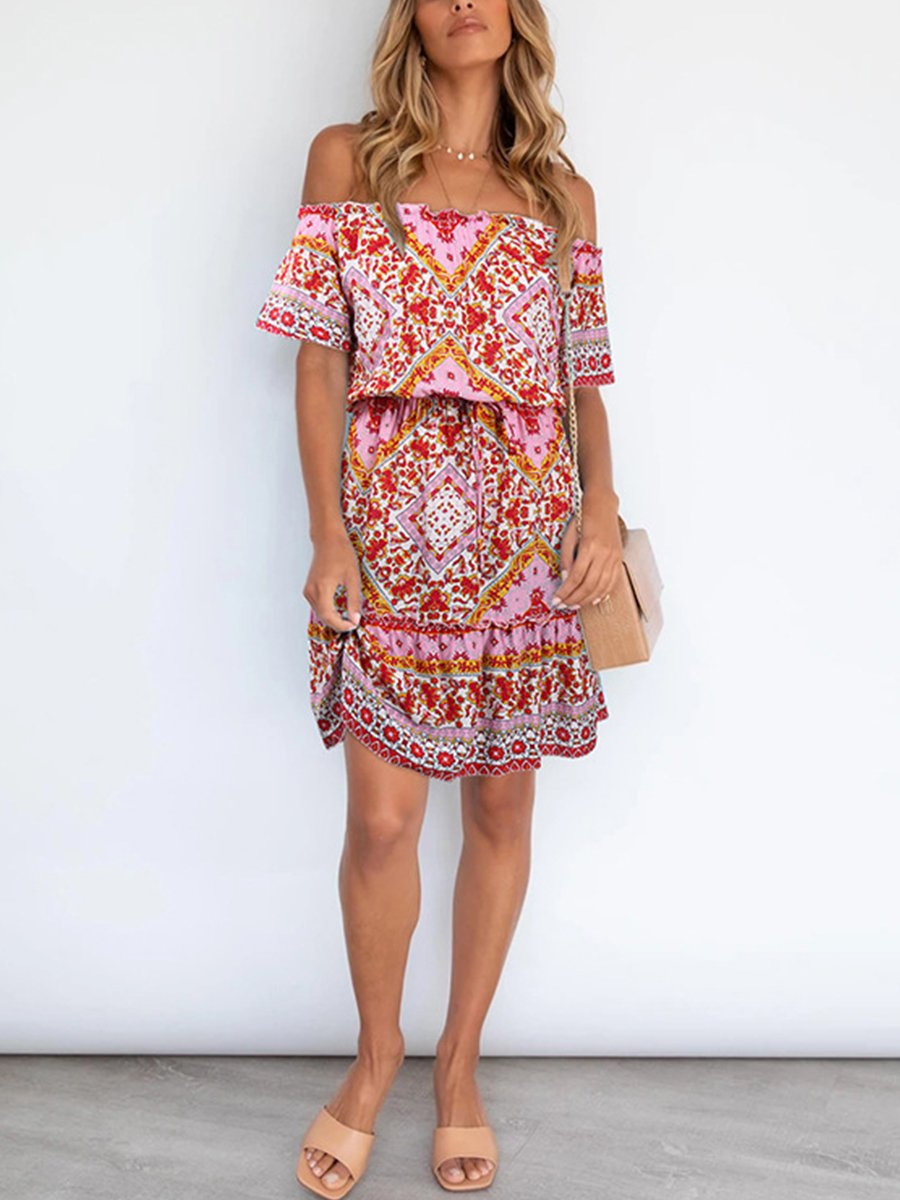 Off-the-shoulder Boho Print Mini Dress