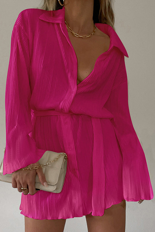 Crinkled Single-Breasted Mini Shirt Dress