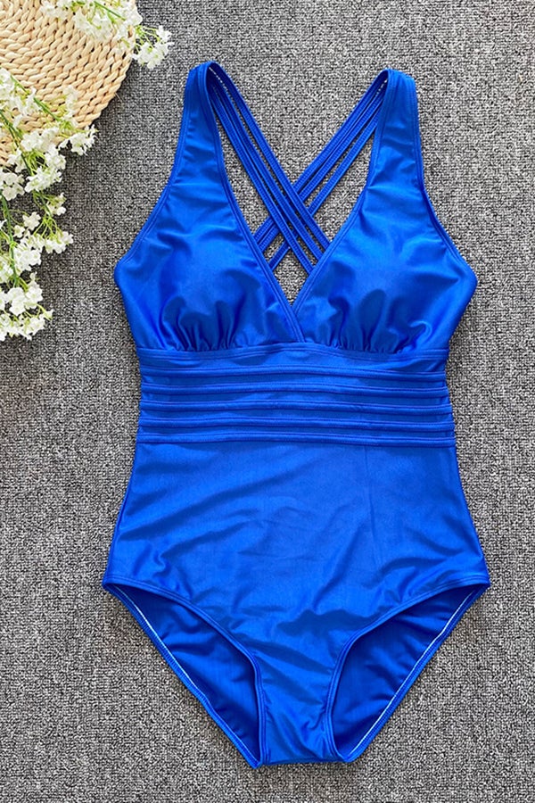 Solid Color Open Back Three-dimensional Striped One-piece Swimsuit