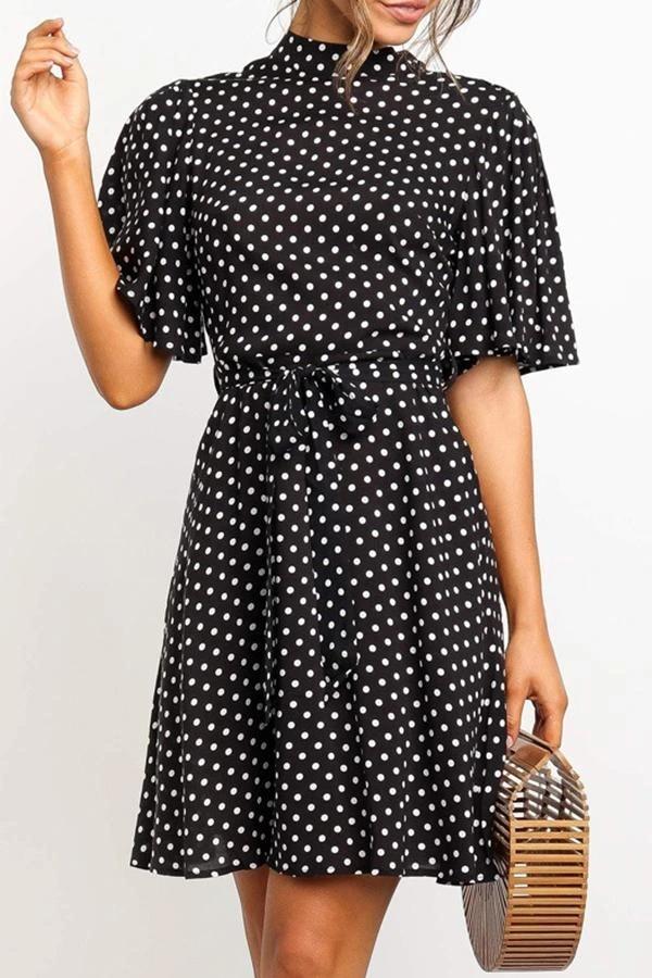 Flounce Sleeve Polka Dot High Neck Dress