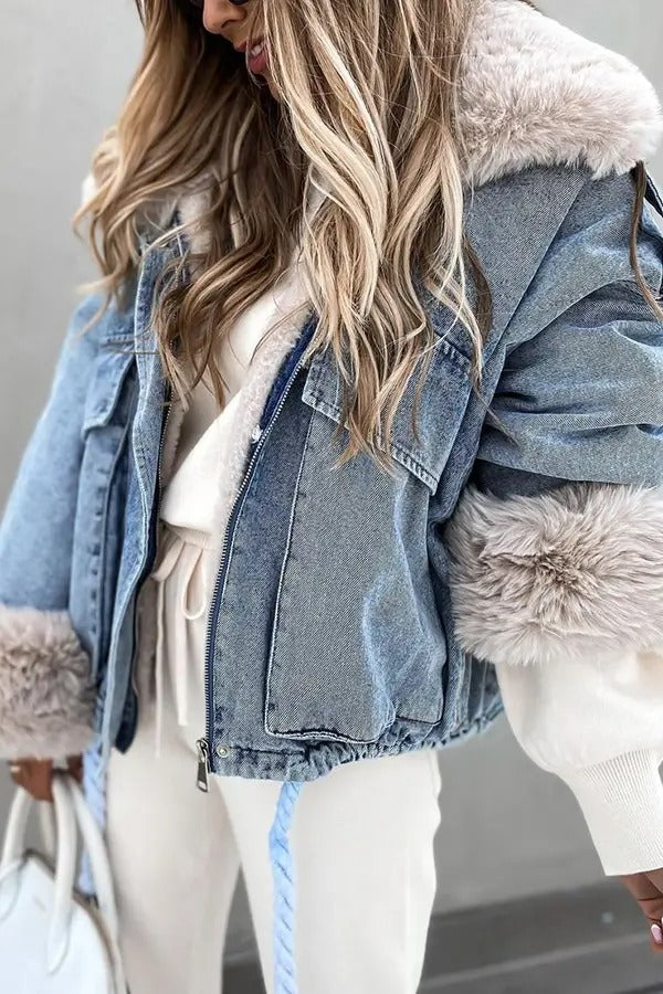 Thickened Warm Denim Coat With Large Fur Collar