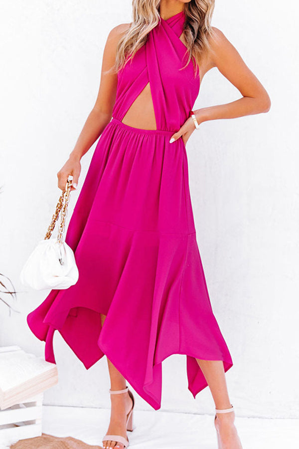 Women's Hollow Halter Neck Backless Midi Dress