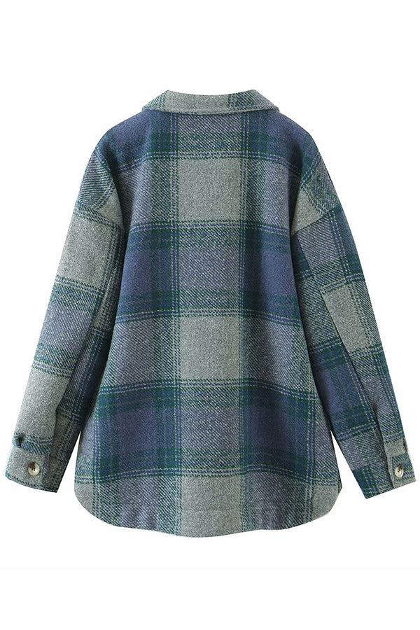 Turn Down Collar Plaid Print Long-sleeve Overcoat