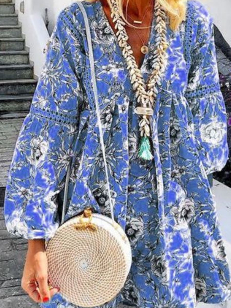 Bohemian Print V-neck Long Sleeve Dress
