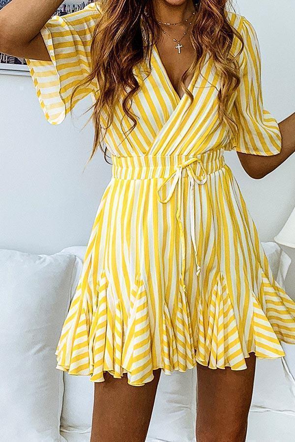 Deep V-Neck Stripe Lace Short Sleeve Dress