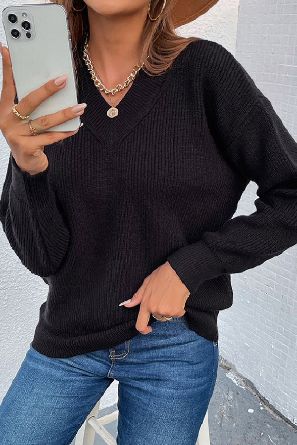 V Neck Solid Color Loose Sweaters