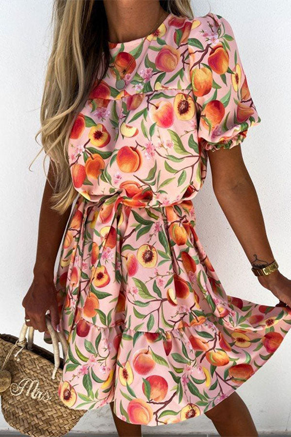Round Neck Fruits Print Smocked Mini Dress