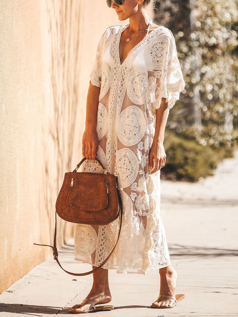 Mesh Embroidered V-neck Elegant Holiday Beach Smock Dress