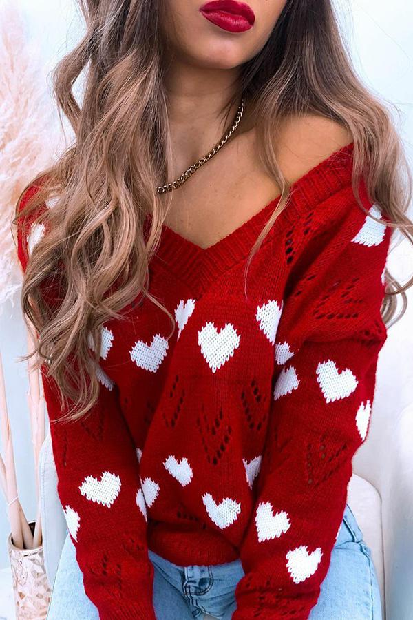 Casual V-neck Love Heart Shaped Hollow Sexy Knitted Sweater