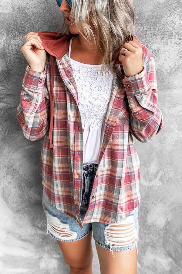 Hooded Loose-fit Women's Woolen Plaid Jacket