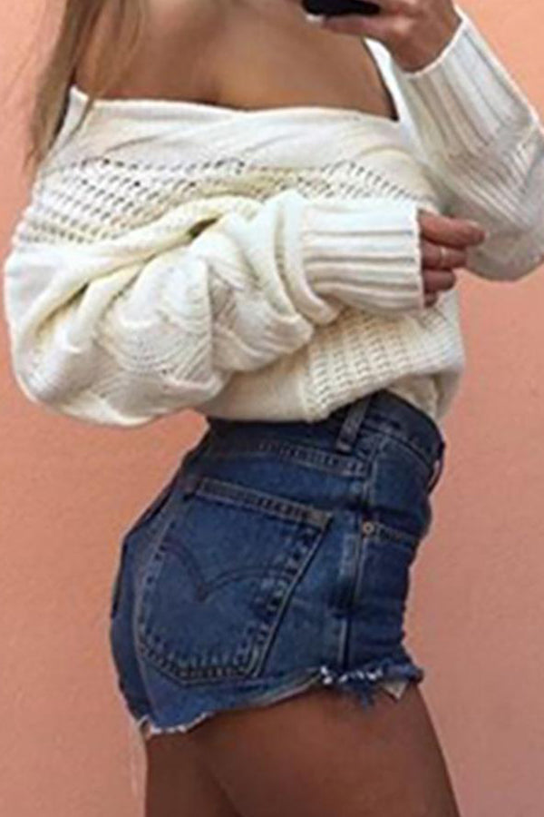 Long Sleeve Hollow Out Knit V-Neck Sweater