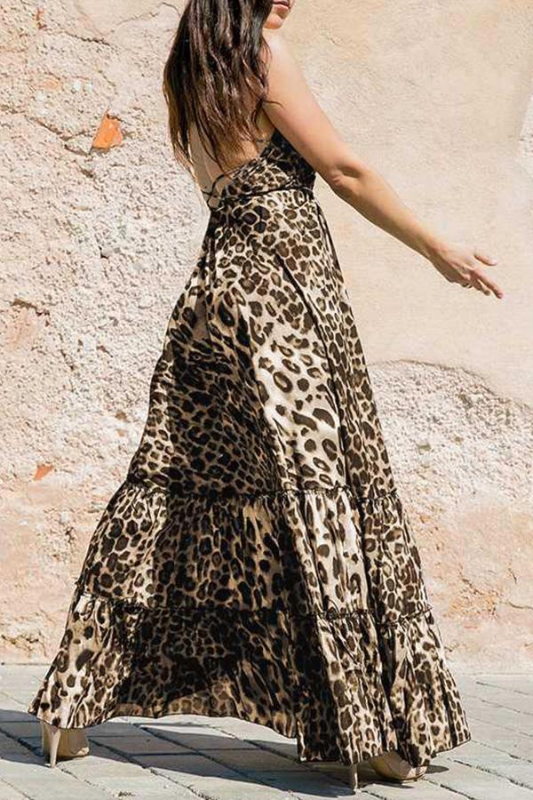 Deep V-Neck Leopard Print Sphagetti Maxi Dress