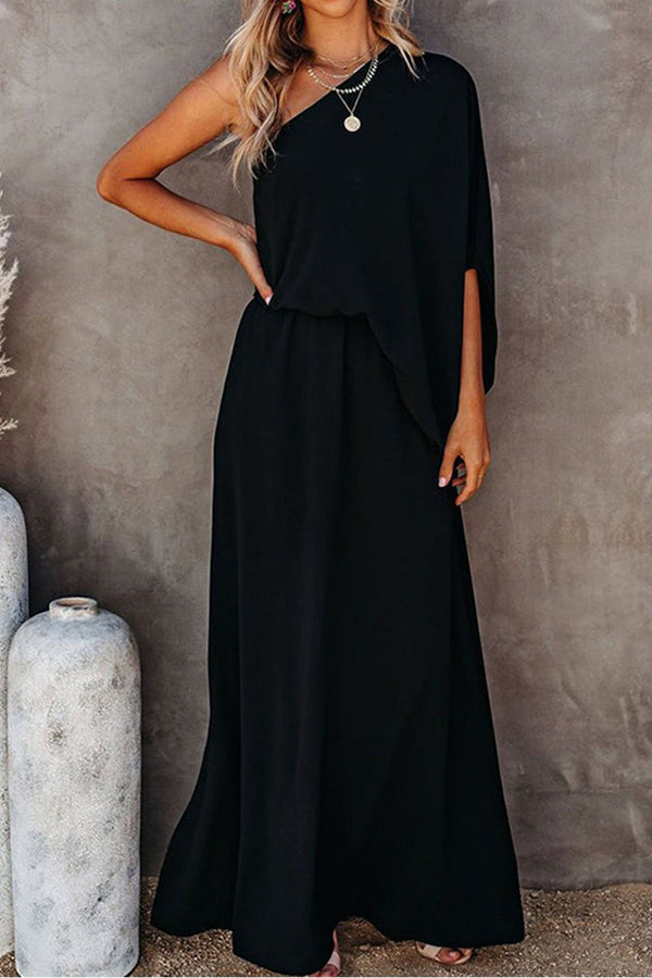 One-shoulder Solid Split Side Maxi Dress