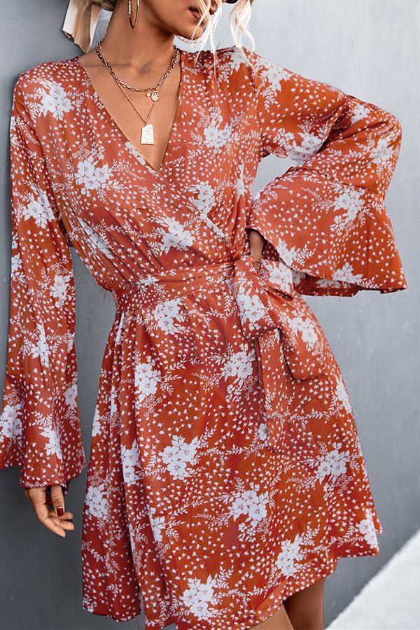 V-Neck Cross Flare Sleeves Printed Lace-Up Mini Dress