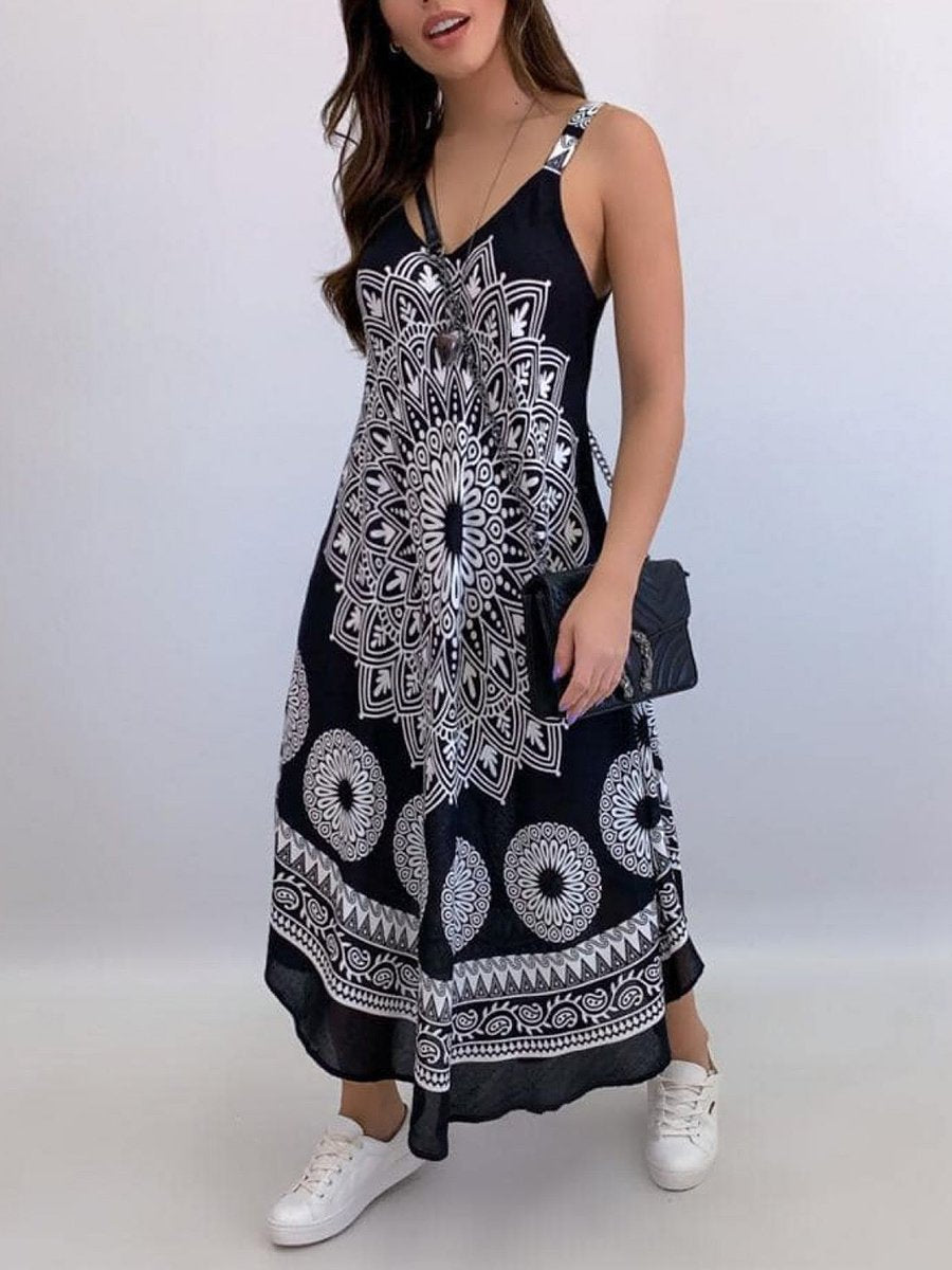 Boho Mandala Print Wide Strap Dress