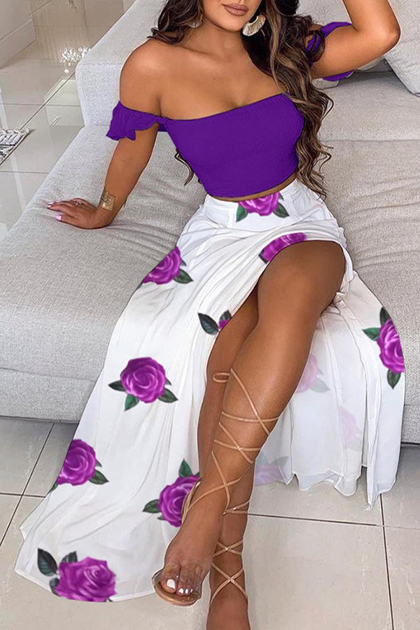 Off Shoulder Ombre Colorblock Top & High Slit Maxi Skirt Sets