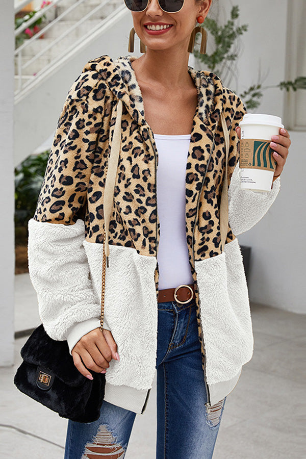 Leopard Patchwork Hooded Plush Coat