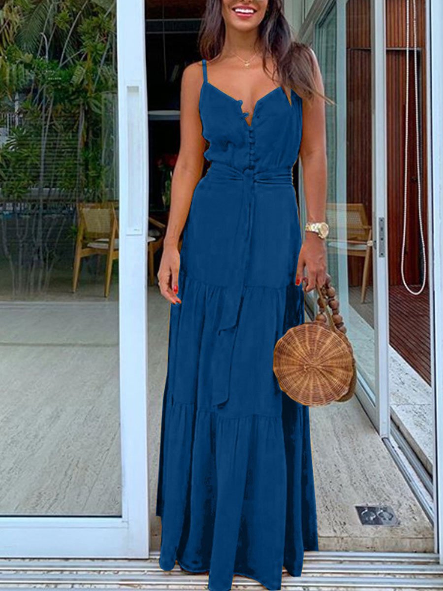 Solid V-neck Patchwork Dress