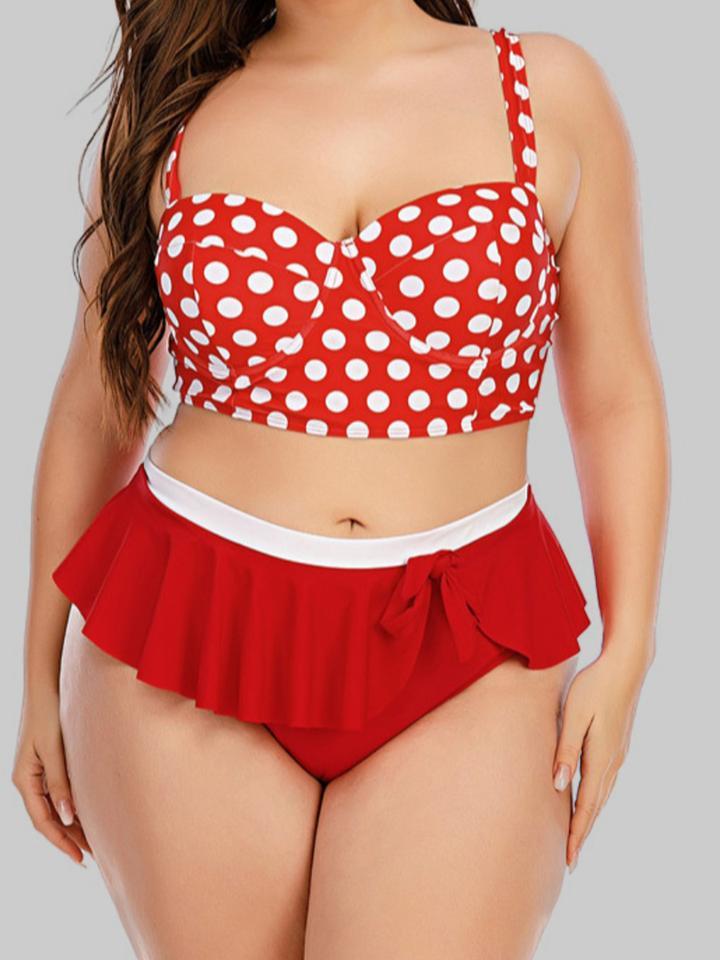 Dot Print Flounce Bow-tie Decoration Red Tankini