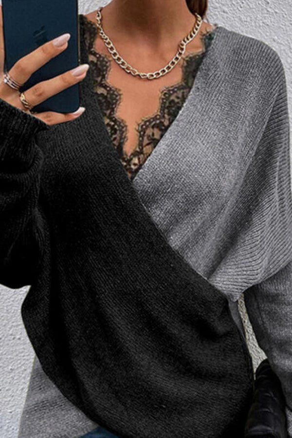 Color Block Lace V-Neck Sweaters