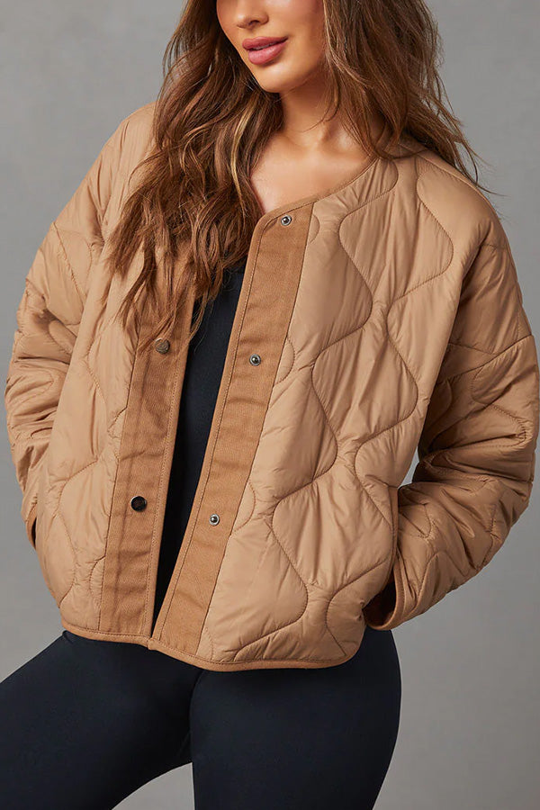 Loose casual quilted cotton hourglass buttoned double pocket padded jacket