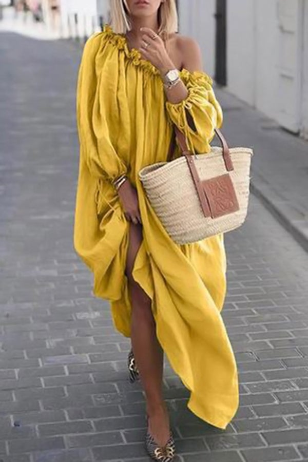 Solid Color Slanted Shoulder Off-the-shoulder Loose Dress