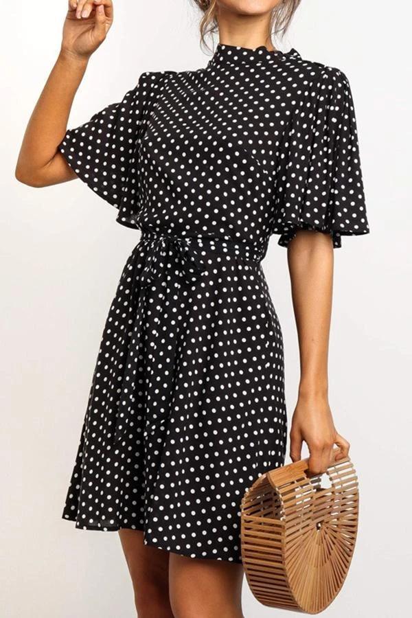 Flounce Sleeve Polka Dot High Neck Dress