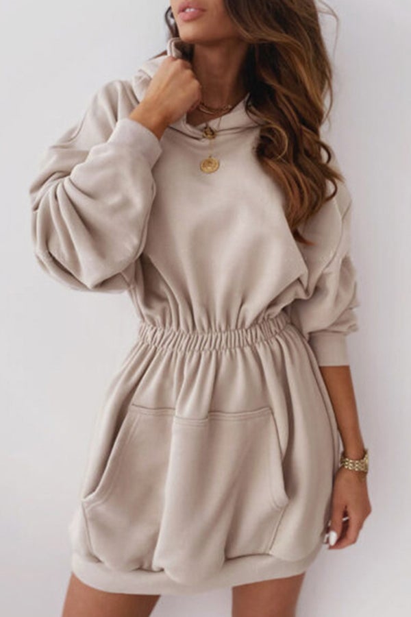 Waist Long Sleeve Fleece Hooded Sweatshirt Dress
