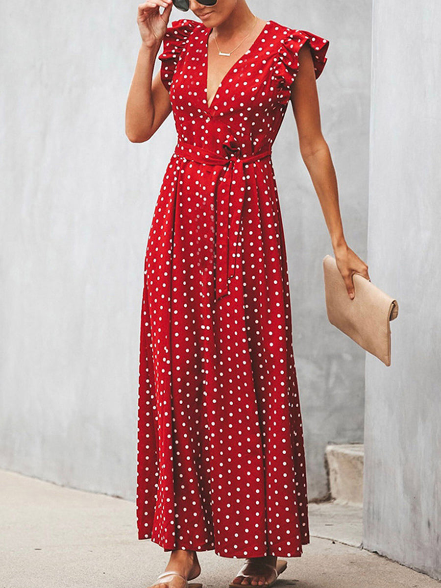 V-neck Ruffle Sleeve Wrap Maxi Dress