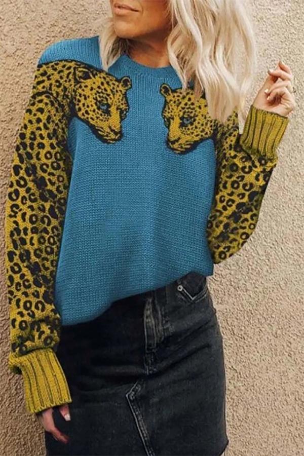 Long Sleeve Animal Print Round Neck Sweater