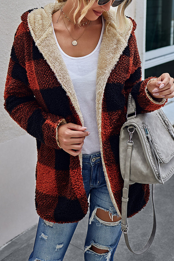 Checked Double-sided Plush Cardigan