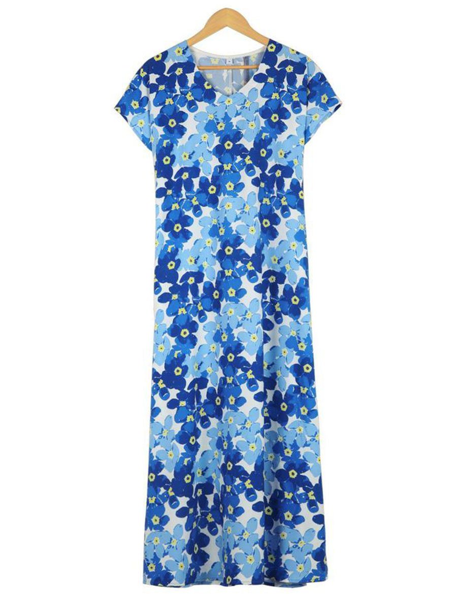 Stylish V-Neck Short Sleeve Printed Side Slit Maxi Dress