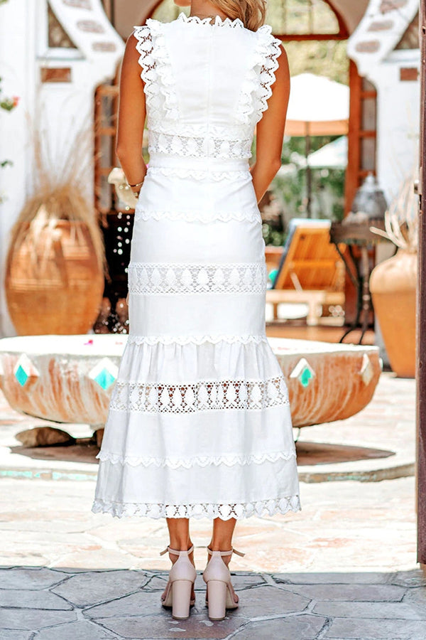 Elegant Lace Solid V-Neck Sleeveless Panel Slim Fit Maxi Dress