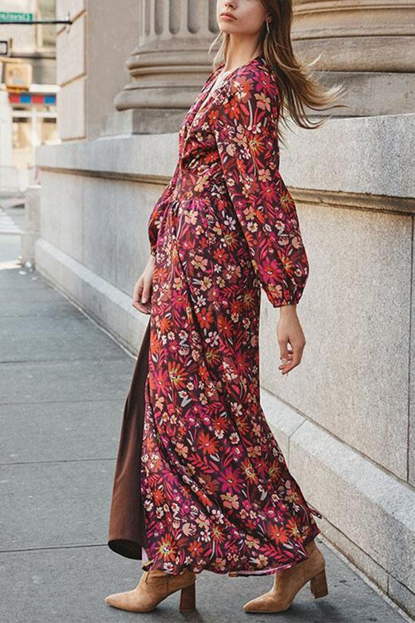 Wrap V Neck Printed Long Kimono Dress