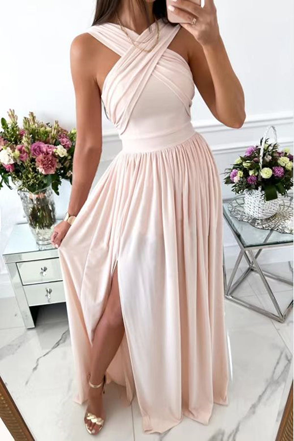 Elegant Sleeveless Halter Open Back Hem Slit Maxi Dress