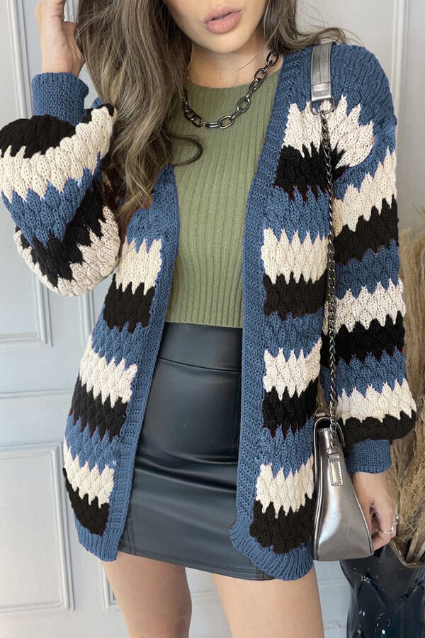 Casual Color Block Cable Knit Collarless Cardigan
