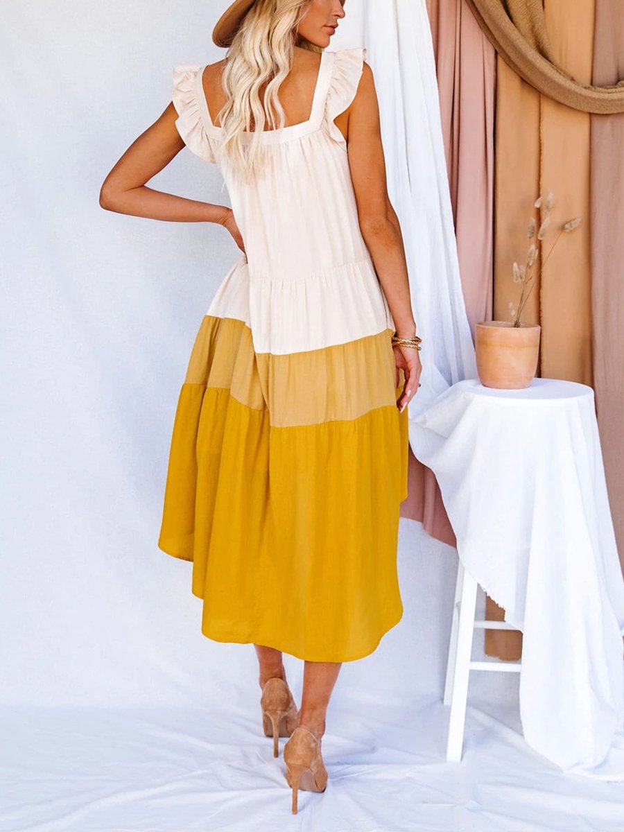 U-neck Colorblock Ruffle U-neck High-low Dress