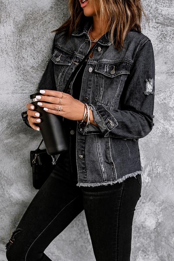 Lapel Distressed Raw Hem Buttons Denim Jacket