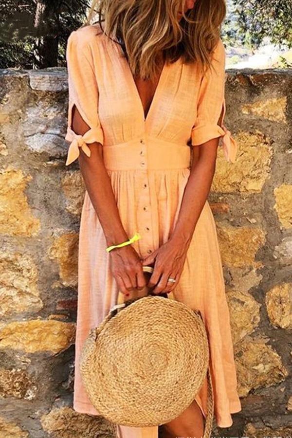 Casual V Neck Lace Button Midi Dress