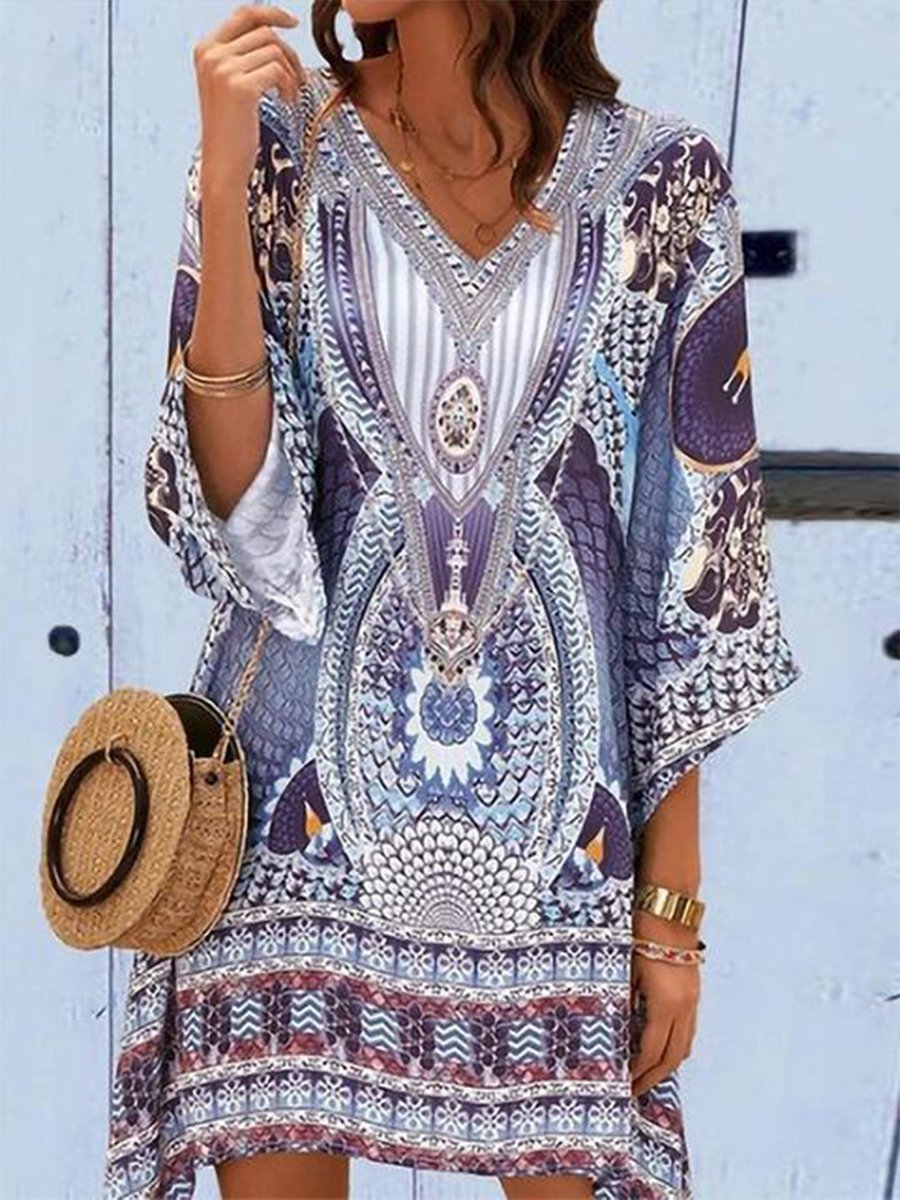 Print V-neck Loose-fit Mini Dress