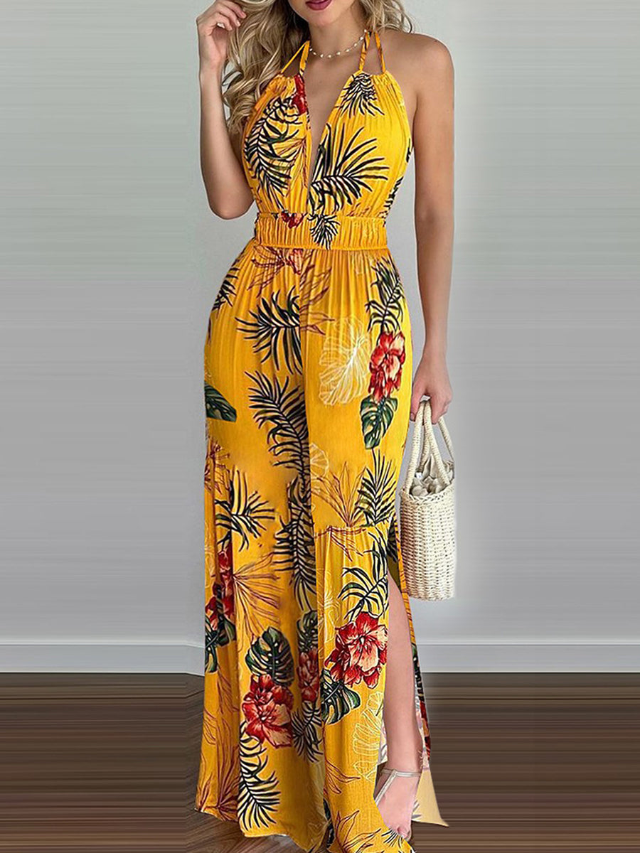 Sling Leaf Print Jumpsuit