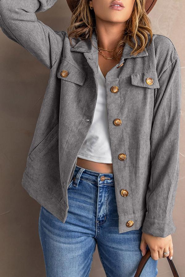 Ribbed Corduroy Long Sleeve Jacket with Pocket