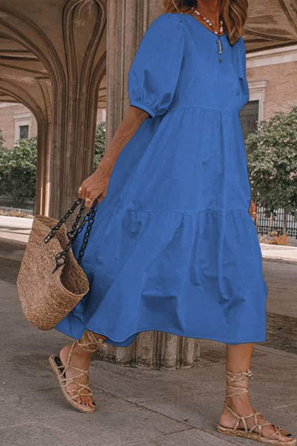 Vacation Puff Sleeve Solid Color Dress