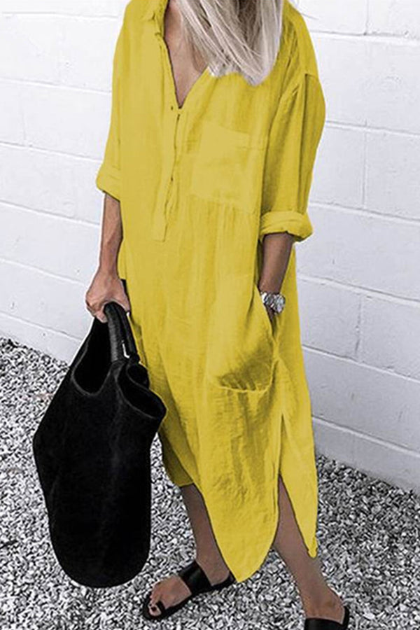 Elegant Solid Color Slit Shirt Dress