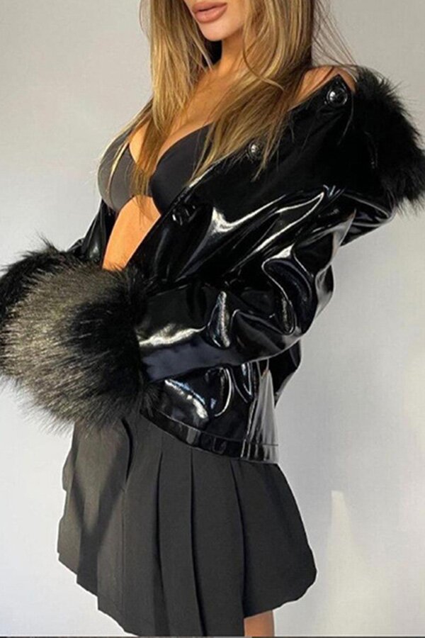 Chic Faux Fur Patchwork Bodycon Leather Coat