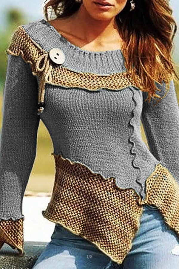 Retro Scoop Neck Patchwork Knit Sweater