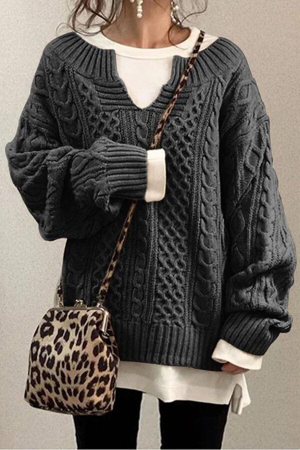 Fashion V-neck Solid Cable Loose Knit Sweater
