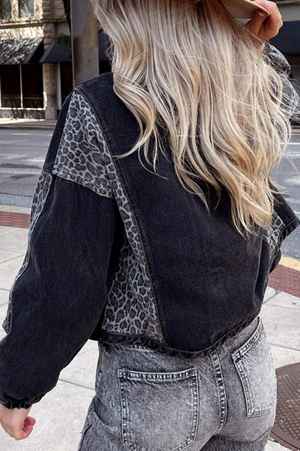 Long Sleeve Leopard Print Stitched Denim Jacket