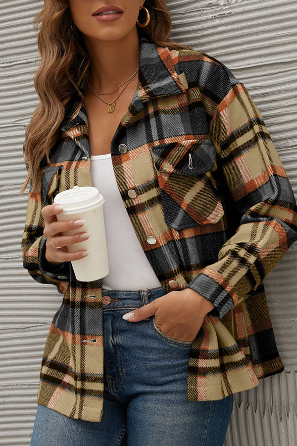 Long Sleeve Orange Plaid Print Jacket