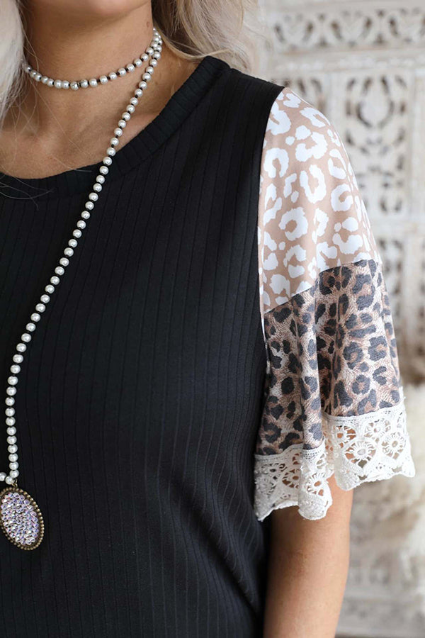 Leopard Lace Patchwork Pullover Round Collar Loose T